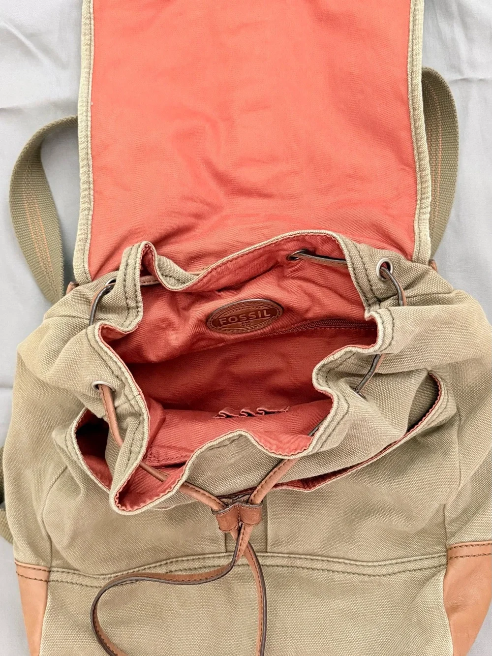 Canvas and Leather Men's Backpack in Khaki with Brown Trim